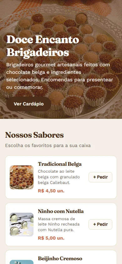 Site Doce Encanto Brigadeiros: foto de brigadeiros em forminhas, cardápio com preço e botão de pedir
