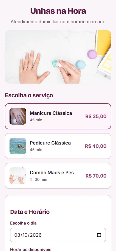 Site Unhas na Hora: lista de serviços de manicure com preço e escolha de dia e horário