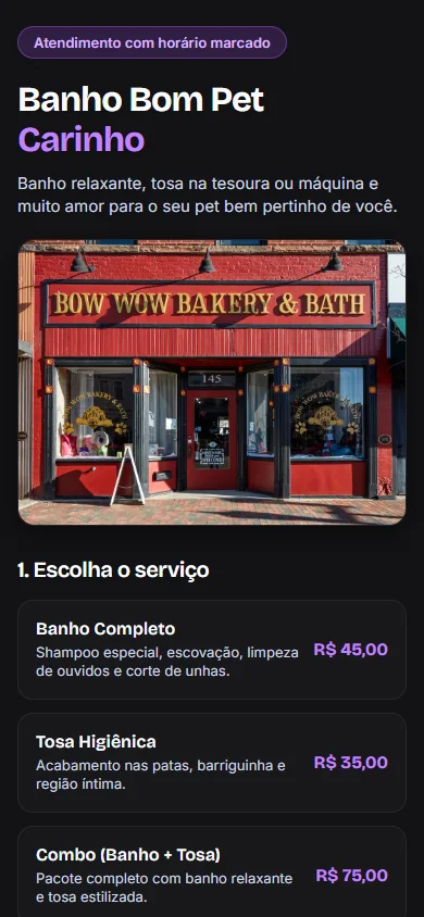 Site do pet shop Banho Bom Pet Carinho feito pelo Fazo: mesmo layout do print, com foto real da fachada de um pet shop e a lista de serviços com preço